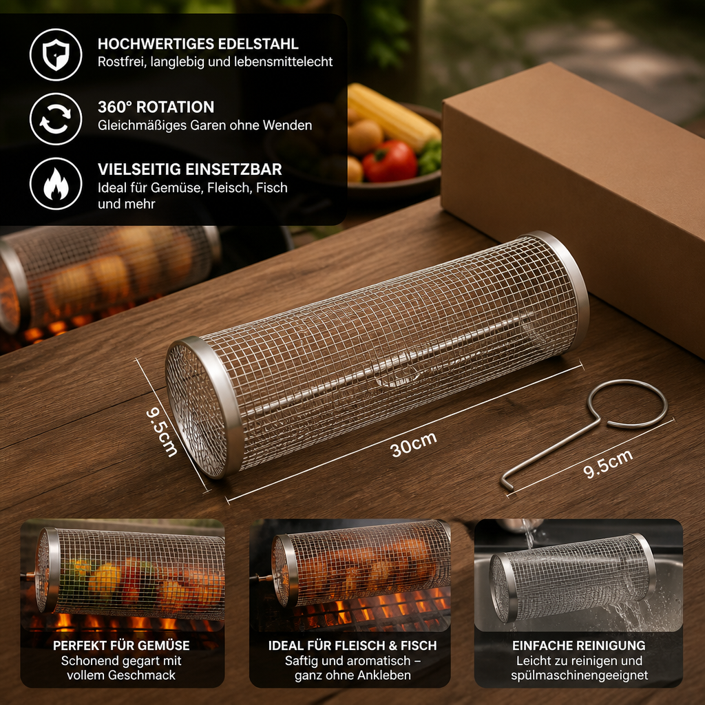 Praktischer Grillkorb aus Edelstahl – rotierender BBQ-Grillkorb für Outdoor-Grillen