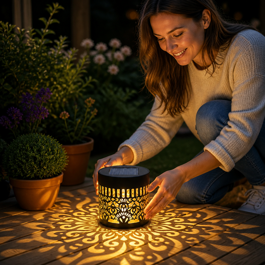 Farbenfrohe Solar-Mandala-Gartenleuchte – Wasserdichte LED-Wandprojektionslaterne für den Außenbereich