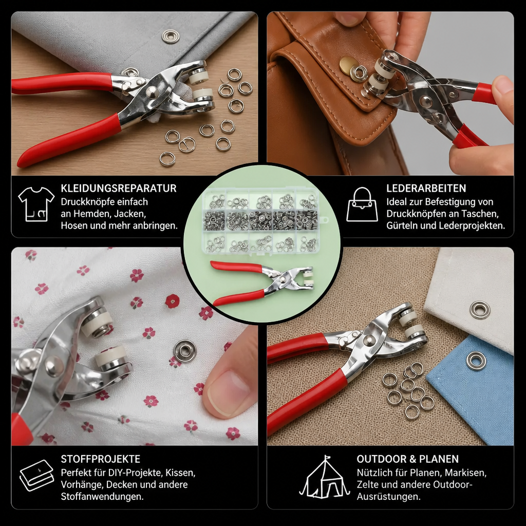 Edelstahl-Druckknopfzangen-Set – Metallknopf-Reparaturset für Kleidung, Leder und Bastelarbeiten