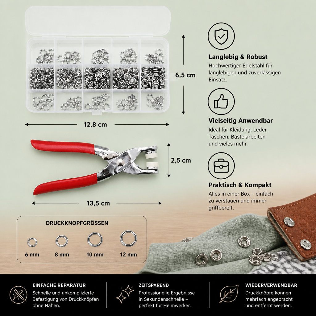 Edelstahl-Druckknopfzangen-Set – Metallknopf-Reparaturset für Kleidung, Leder und Bastelarbeiten