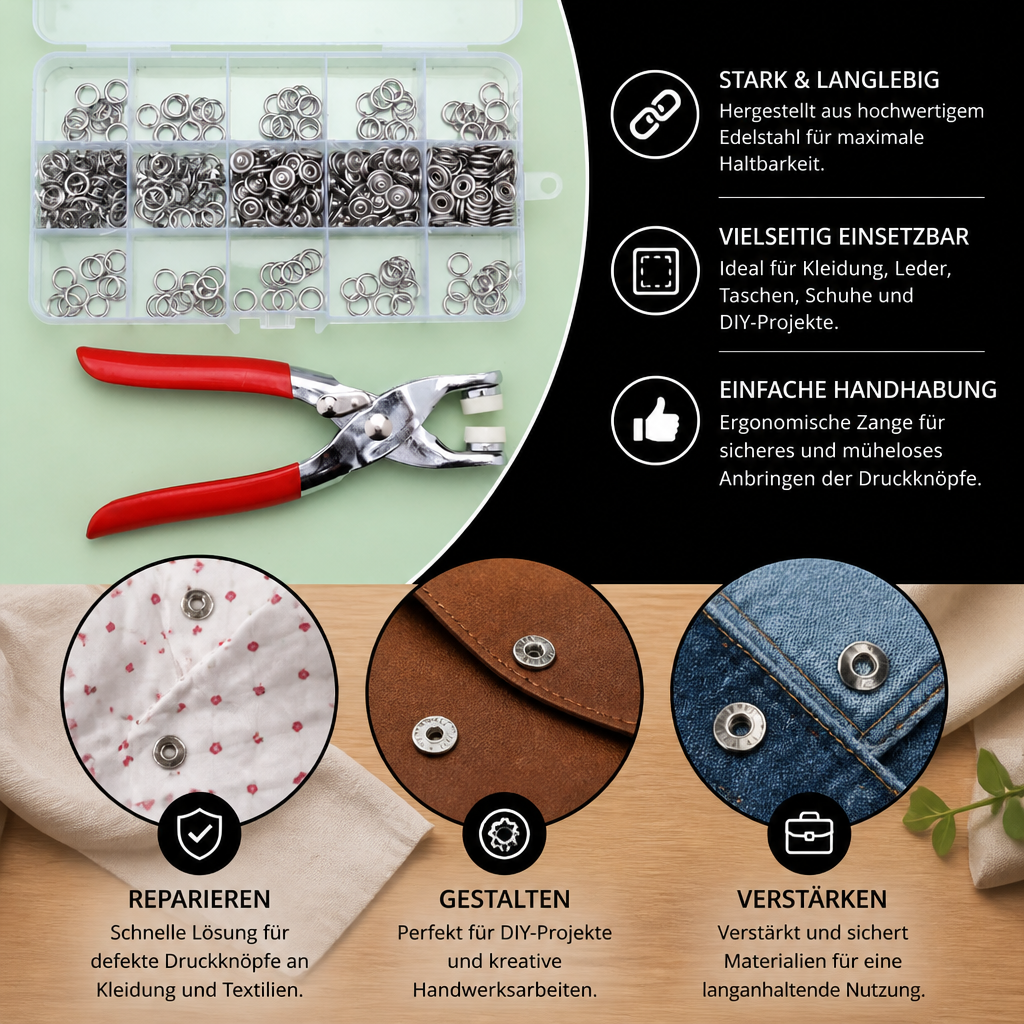 Edelstahl-Druckknopfzangen-Set – Metallknopf-Reparaturset für Kleidung, Leder und Bastelarbeiten
