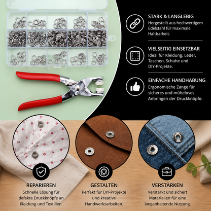 Edelstahl-Druckknopfzangen-Set – Metallknopf-Reparaturset für Kleidung, Leder und Bastelarbeiten