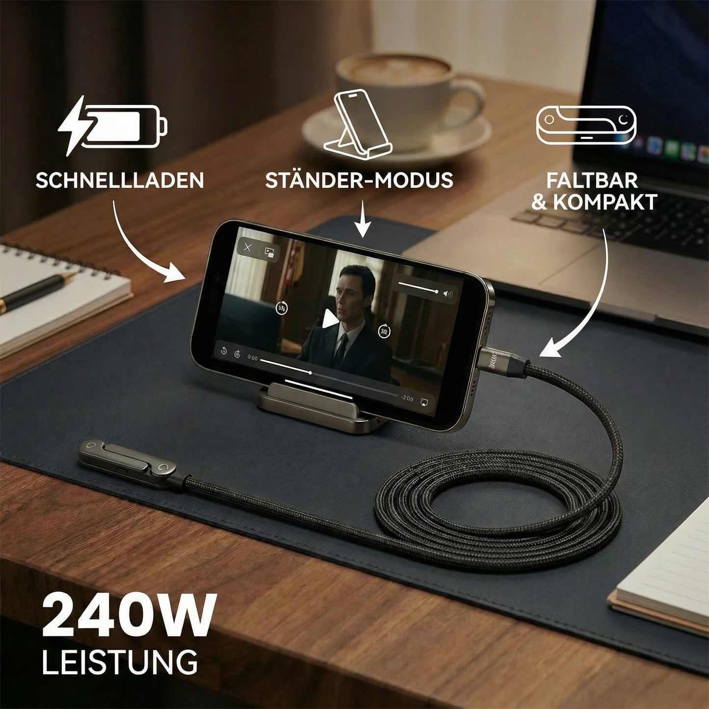 2in1 Faltbares Schnell Ladekabel und Telefon Ständer