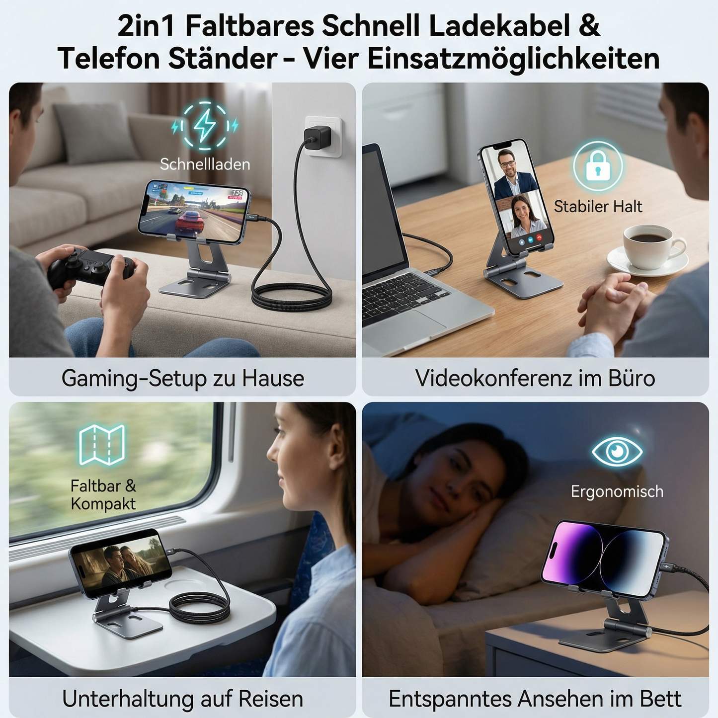 2in1 Faltbares Schnell Ladekabel und Telefon Ständer