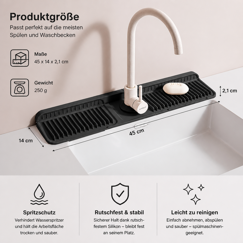 Wasserhahn-Spritzschutz aus Silikon – Abtropfmatte für Spüle & Waschbecken
