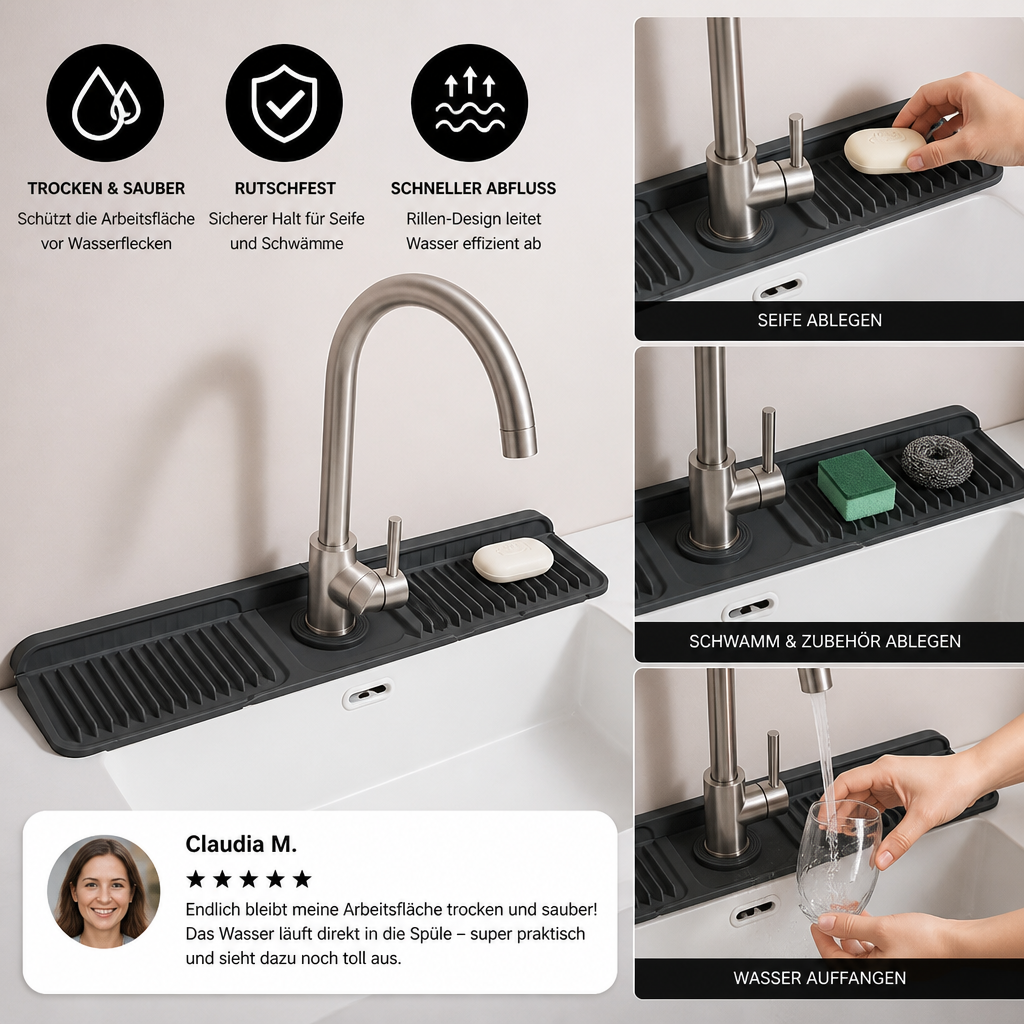Wasserhahn-Spritzschutz aus Silikon – Abtropfmatte für Spüle & Waschbecken