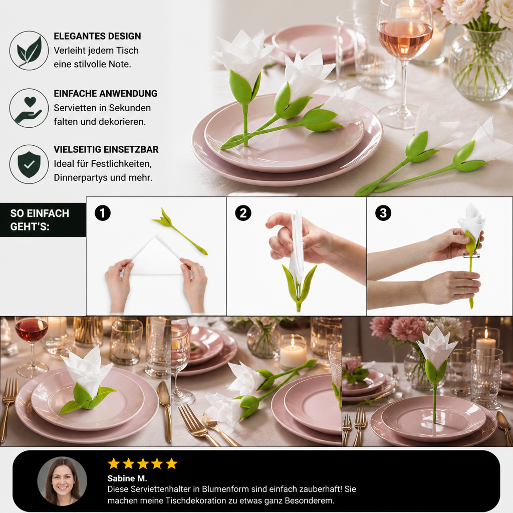 Blumen-Serviettenfalter Set – Luxuriöse Tischdeko im Blumendesign 6er Set