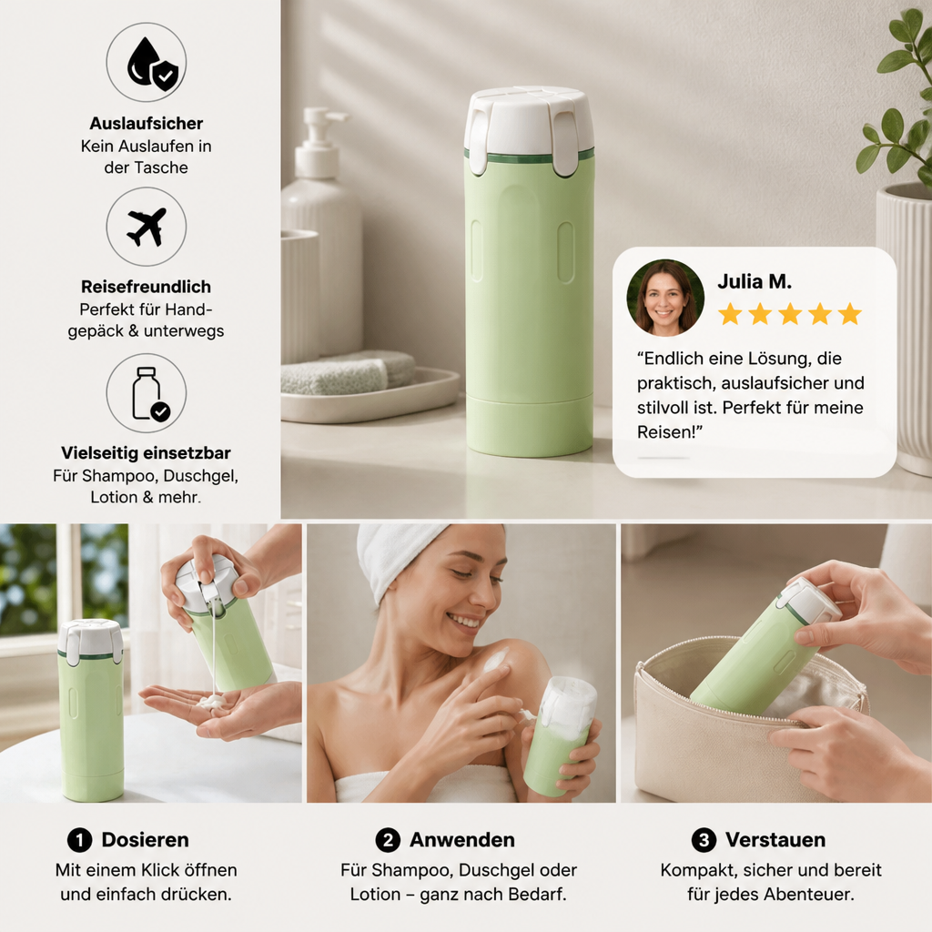 4-in-1 Reisebehälter – Auslaufsichere Flasche für Shampoo, Duschgel & Kosmetik