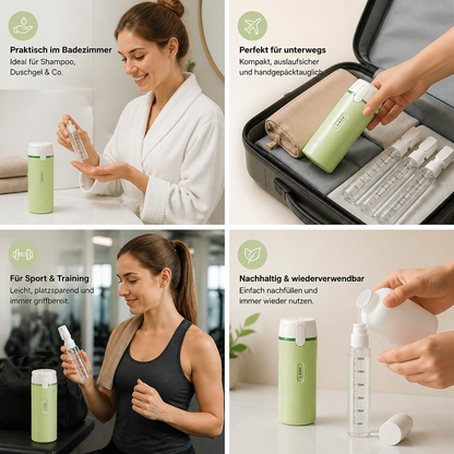 4-in-1 Reisebehälter – Auslaufsichere Flasche für Shampoo, Duschgel & Kosmetik