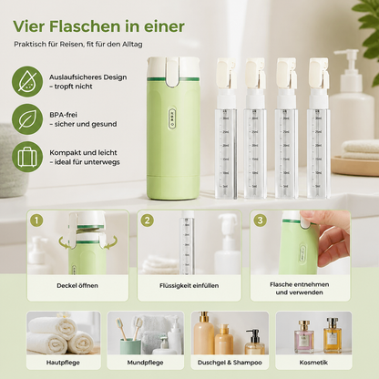 4-in-1 Reisebehälter – Auslaufsichere Flasche für Shampoo, Duschgel & Kosmetik