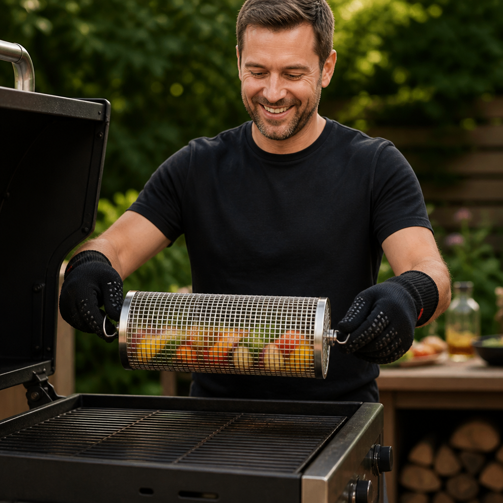 Praktischer Grillkorb aus Edelstahl – rotierender BBQ-Grillkorb für Outdoor-Grillen