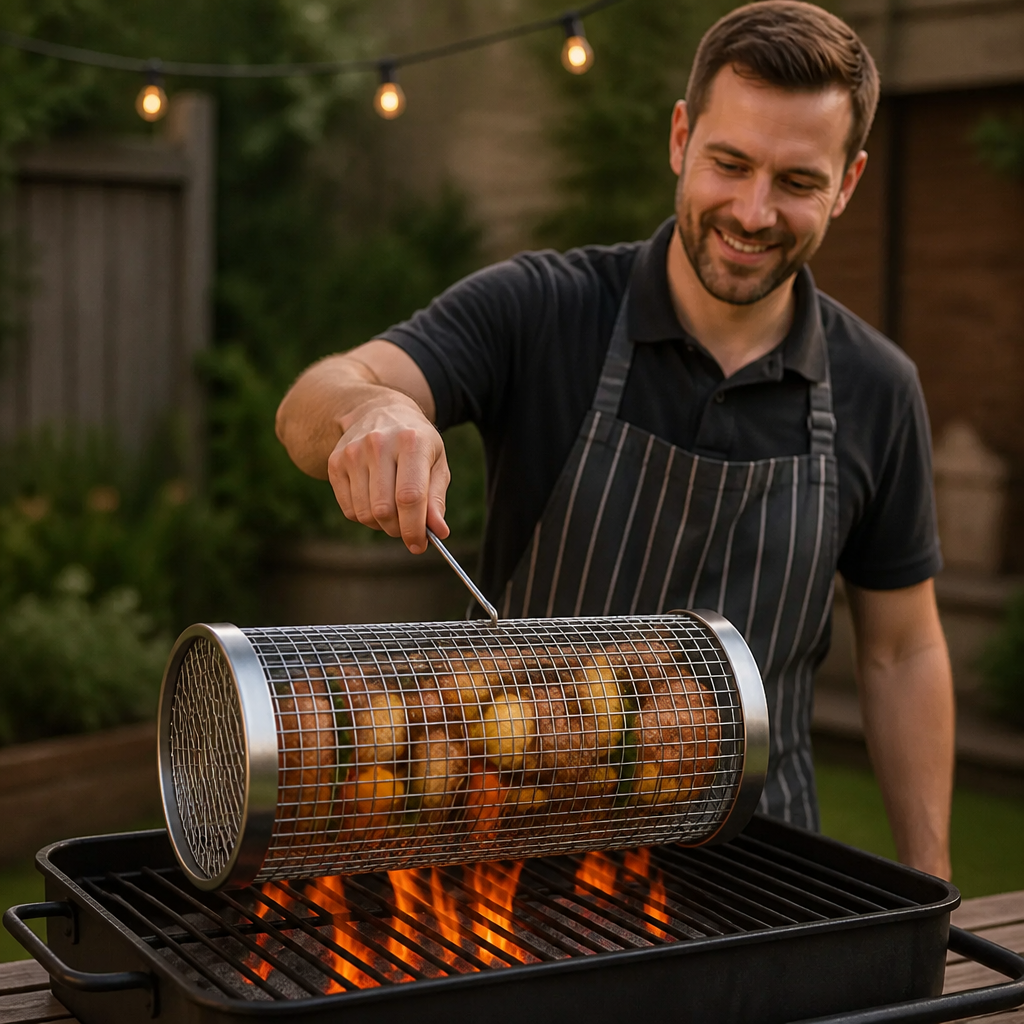 Praktischer Grillkorb aus Edelstahl – rotierender BBQ-Grillkorb für Outdoor-Grillen