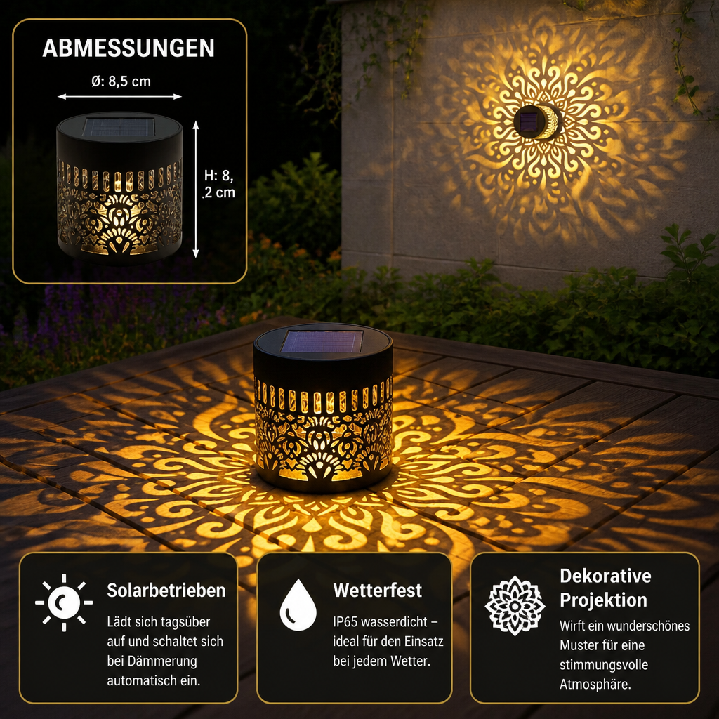 Farbenfrohe Solar-Mandala-Gartenleuchte – Wasserdichte LED-Wandprojektionslaterne für den Außenbereich