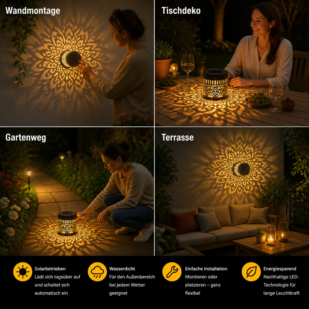 Farbenfrohe Solar-Mandala-Gartenleuchte – Wasserdichte LED-Wandprojektionslaterne für den Außenbereich
