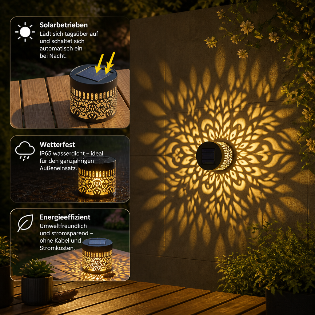 Farbenfrohe Solar-Mandala-Gartenleuchte – Wasserdichte LED-Wandprojektionslaterne für den Außenbereich