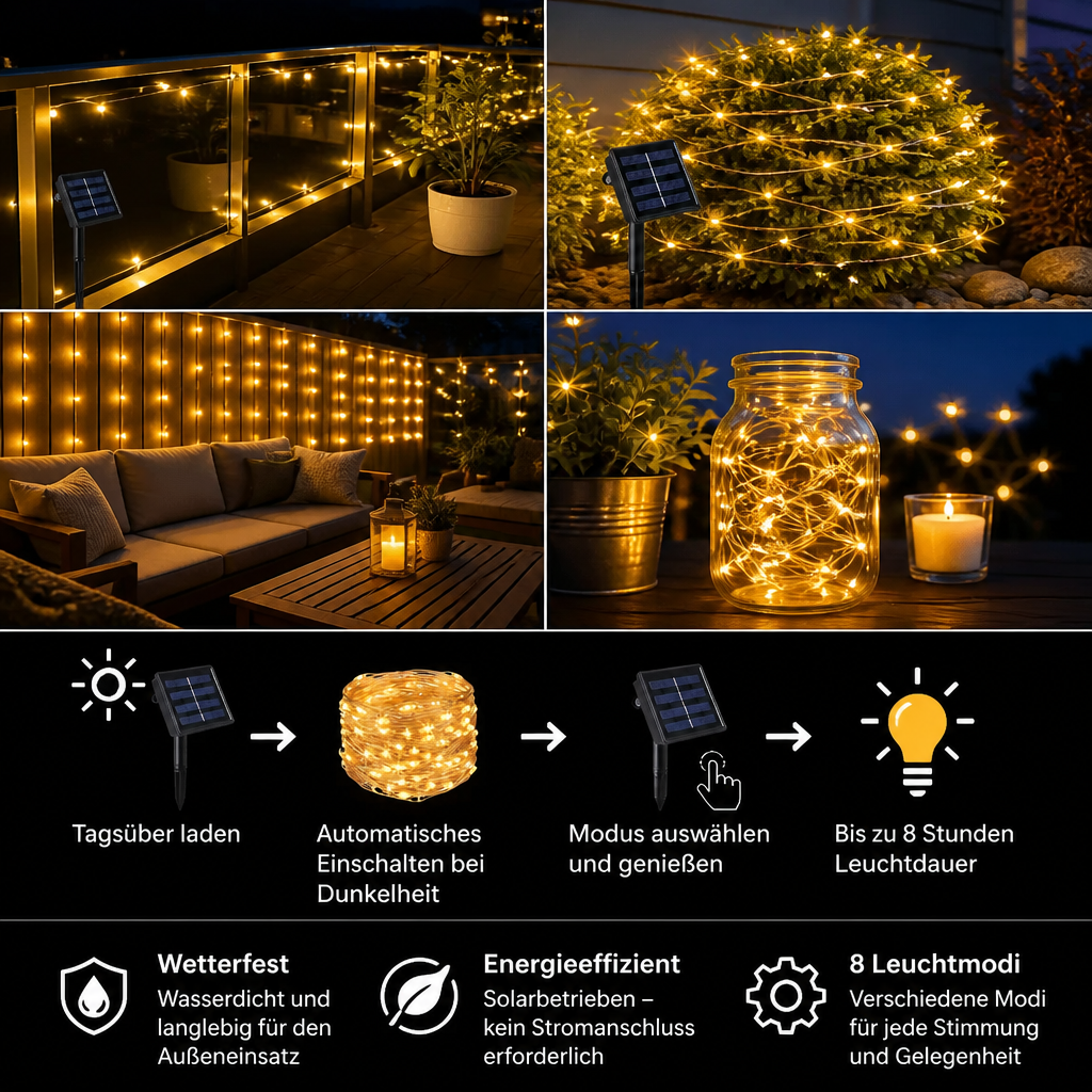 Solar-Lichterkette für den Außenbereich mit LEDs & 8 Leuchtmodi