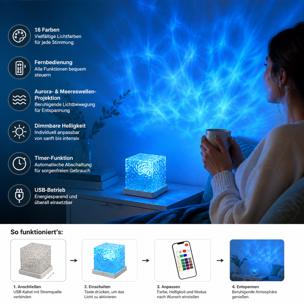 Aurora- & Meereswellen-LED-Projektor mit 16 Farben & Fernbedienung