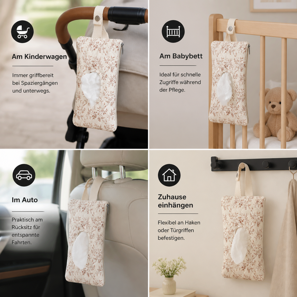 Hängender Taschentuchhalter für Kinderwagen, Babybett & Auto