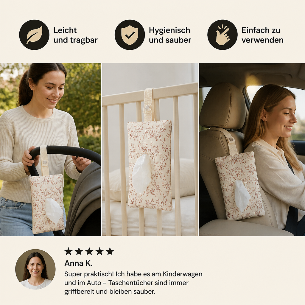 Hängender Taschentuchhalter für Kinderwagen, Babybett & Auto