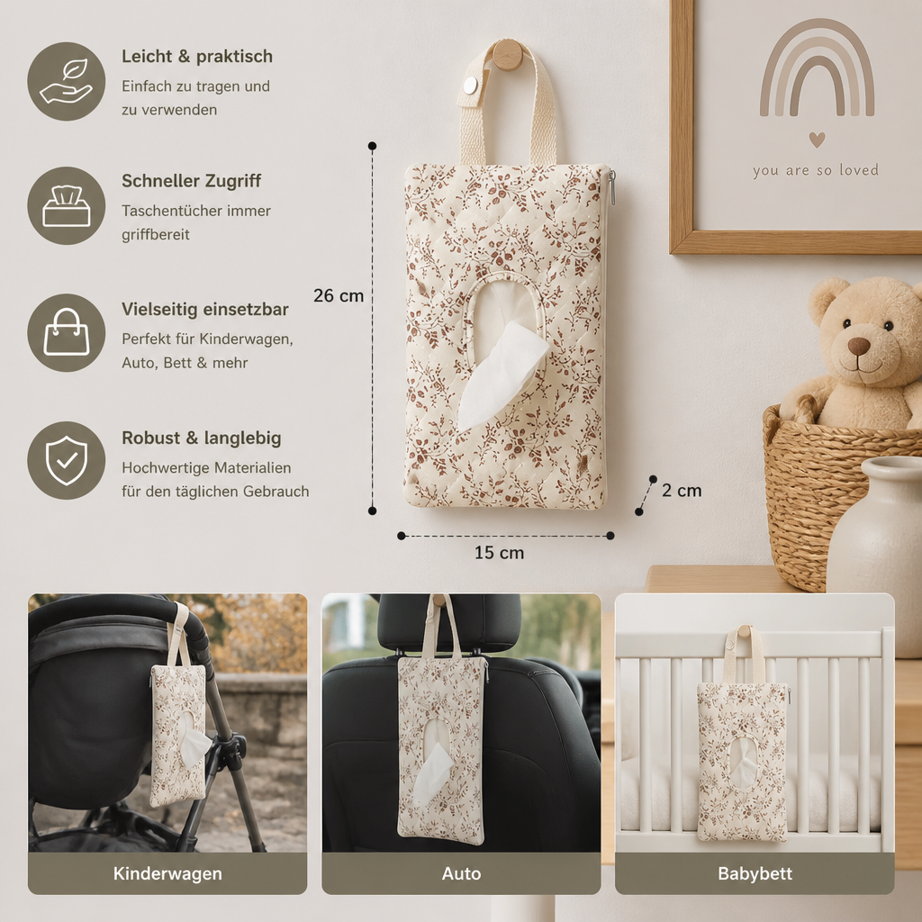 Hängender Taschentuchhalter für Kinderwagen, Babybett & Auto