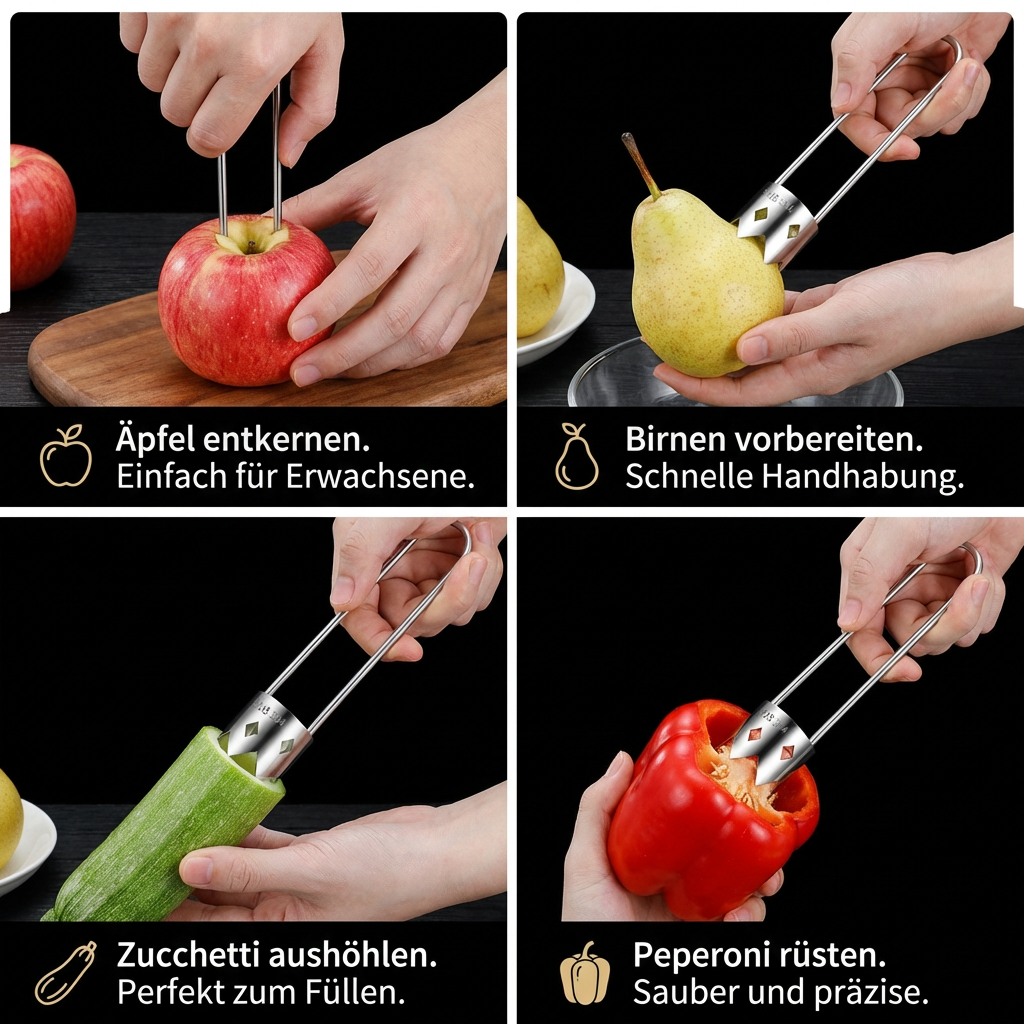 Edelstahl Obstentkerner – Multifunktionales Werkzeug zum einfachen Entfernen von Kernen bei Obst & Gemüse