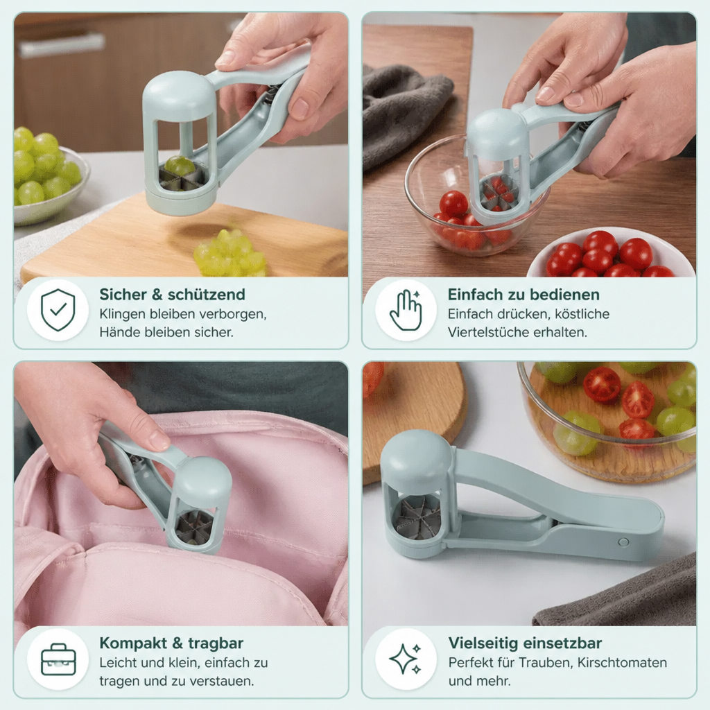 Edelstahl-Trauben- & Cherrytomaten-Schneider – Sicherer Einhand-Viertelschneider für Kleinkinder & Kinder