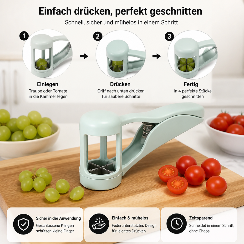 Edelstahl-Trauben- & Cherrytomaten-Schneider – Sicherer Einhand-Viertelschneider für Kleinkinder & Kinder
