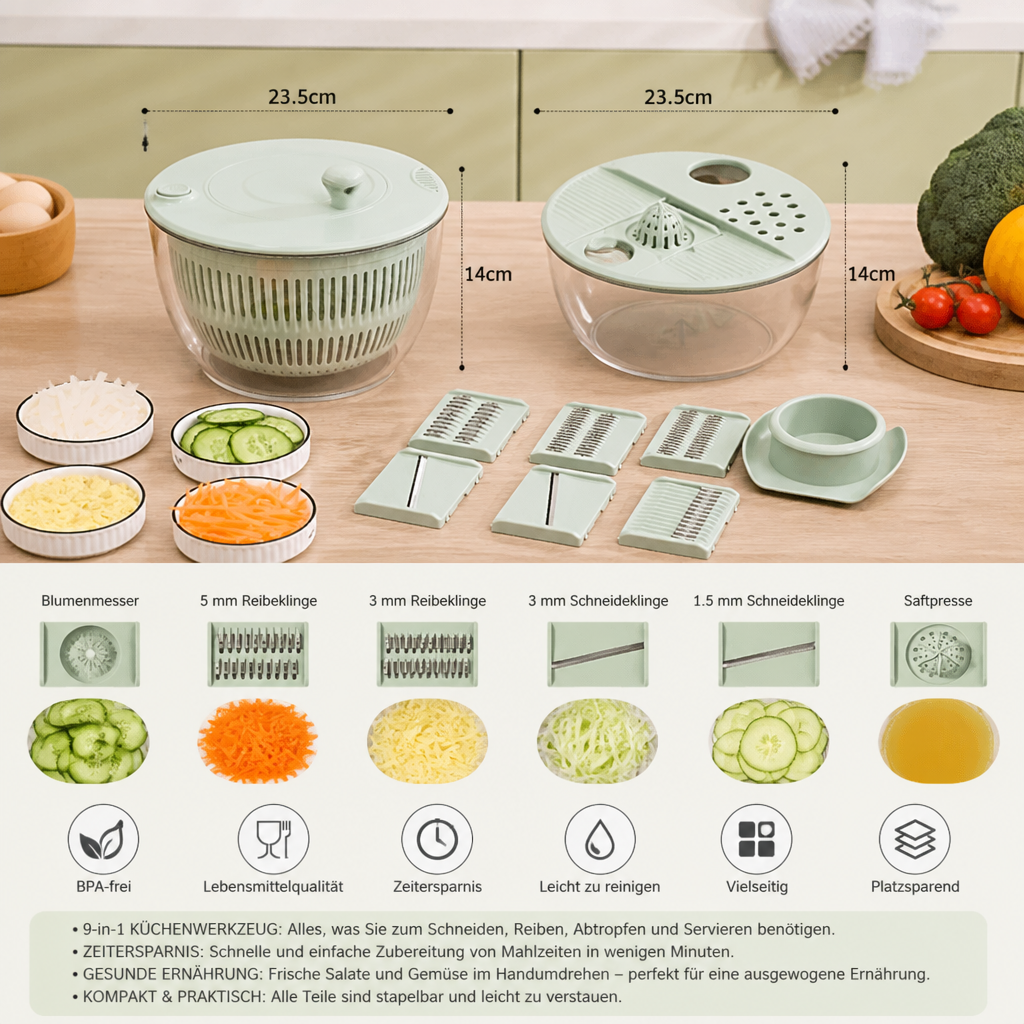 9-in-1 manueller Gemüse- & Salat-Schneider mit Drehfunktion
