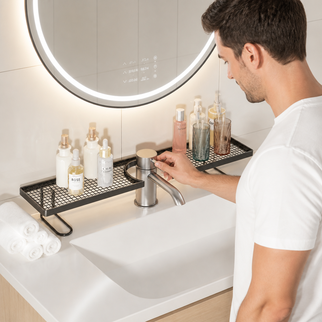 Bohrfreies feuchtigkeitsbeständiges Badezimmer-Organizer-Regal für die Arbeitsplatte