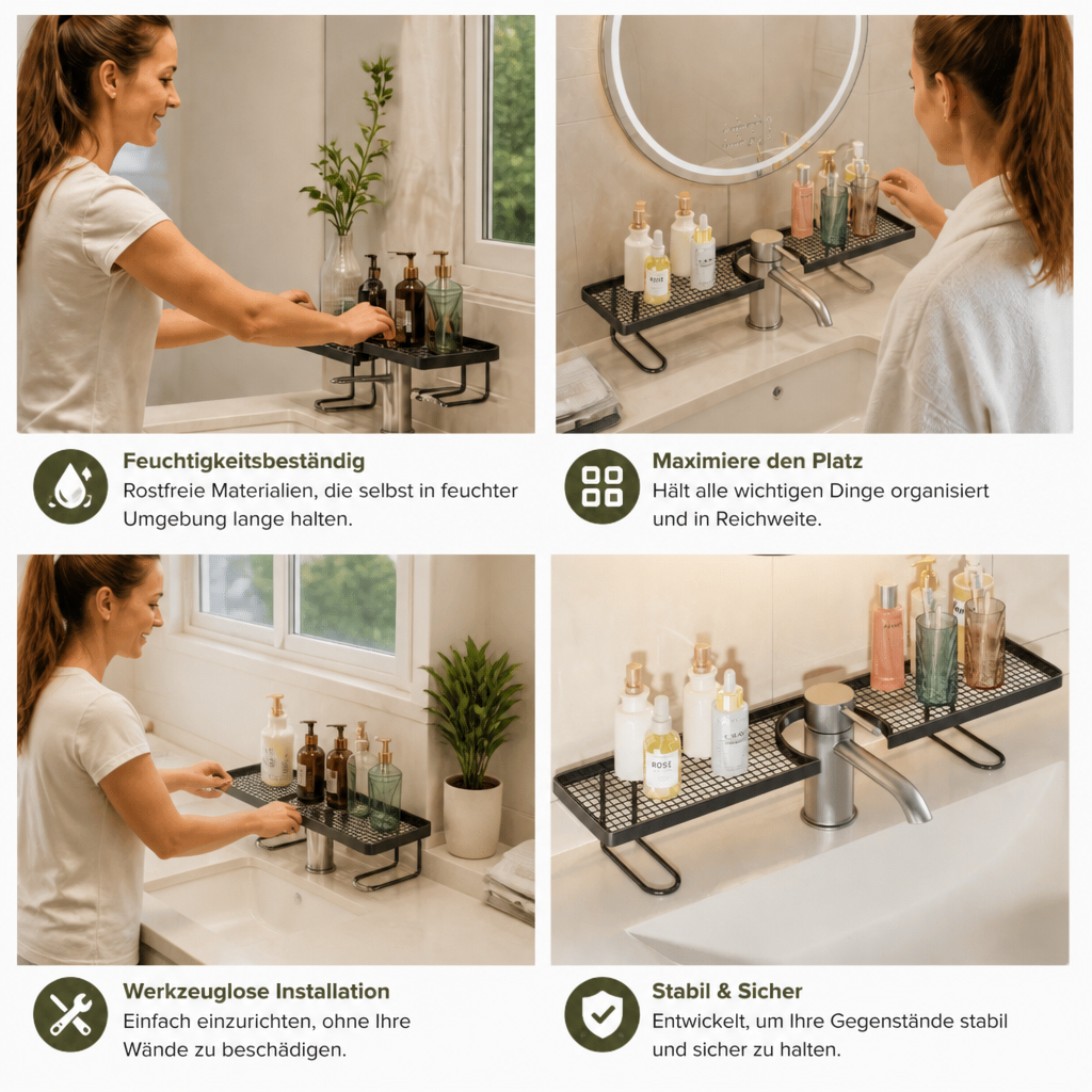 Bohrfreies feuchtigkeitsbeständiges Badezimmer-Organizer-Regal für die Arbeitsplatte