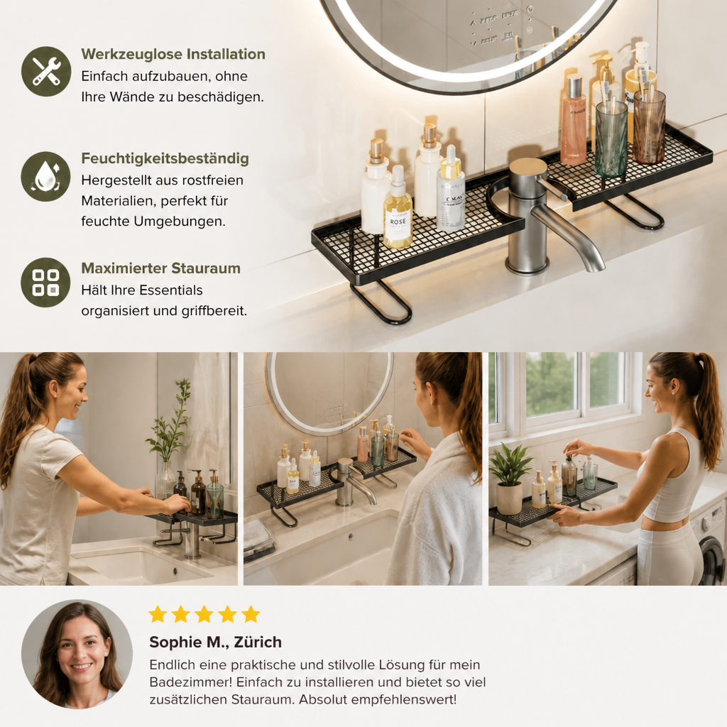 Bohrfreies feuchtigkeitsbeständiges Badezimmer-Organizer-Regal für die Arbeitsplatte