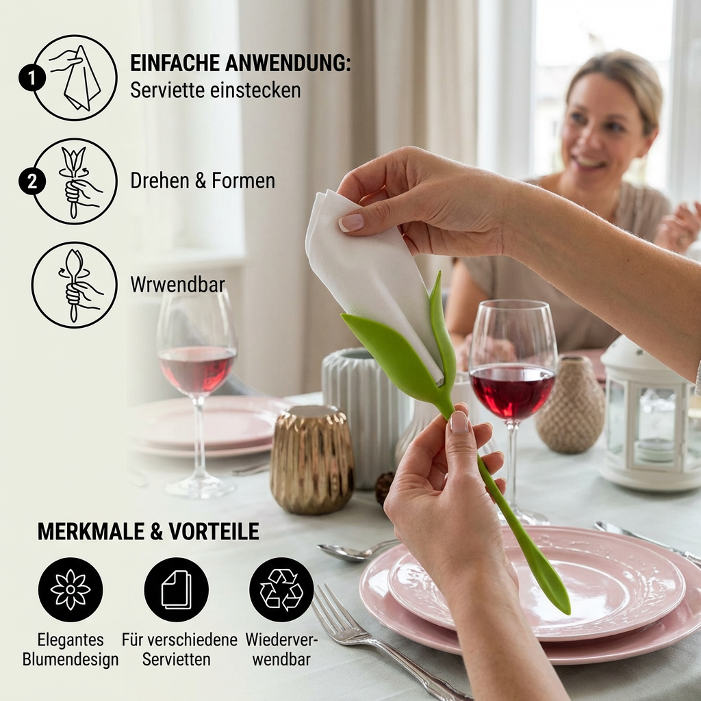 Blumen-Serviettenfalter Set – Luxuriöse Tischdeko im Blumendesign 6er Set