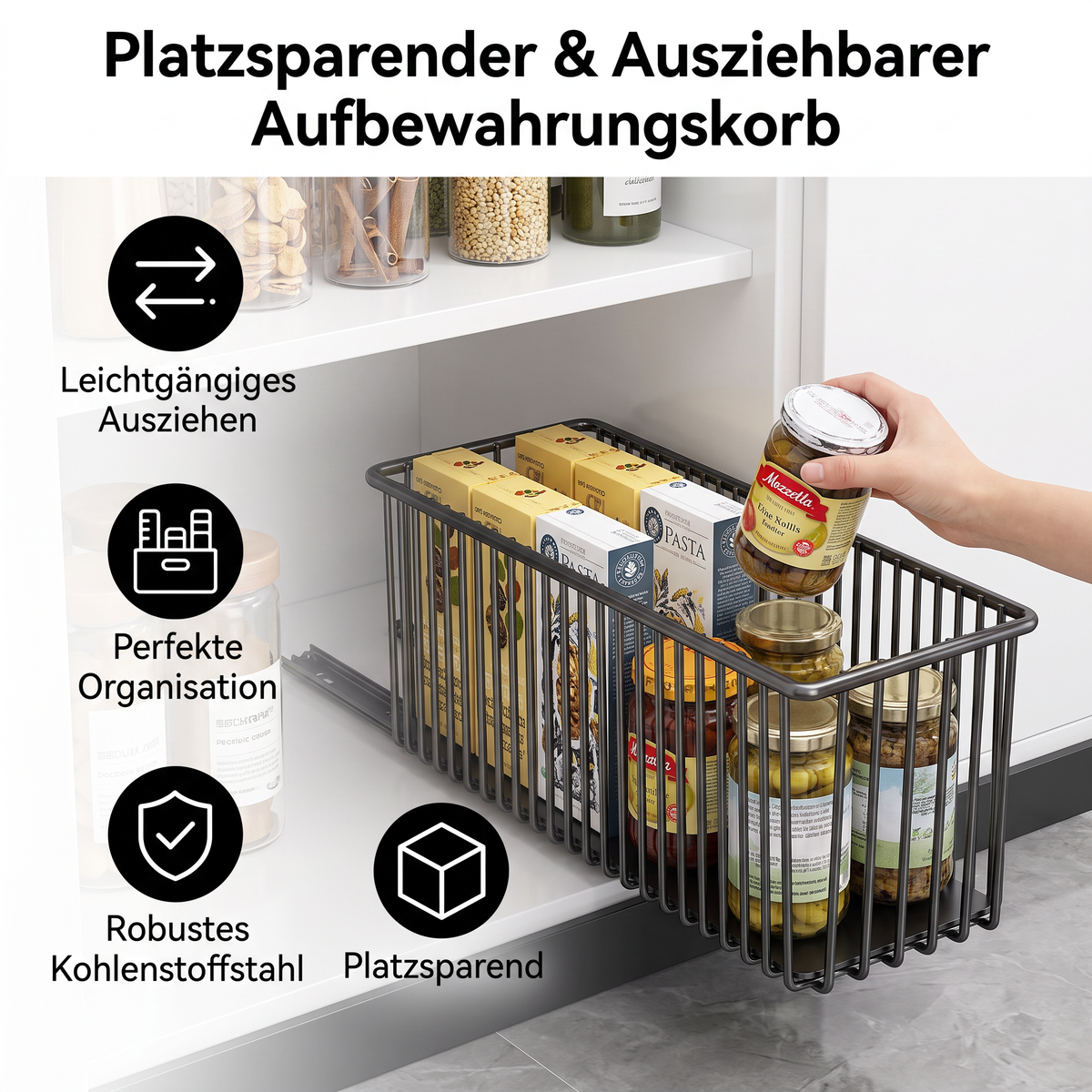 Platzsparender ausziehbarer Aufbewahrungskorb aus Kohlenstoffstahl & Schrank-Organizer
