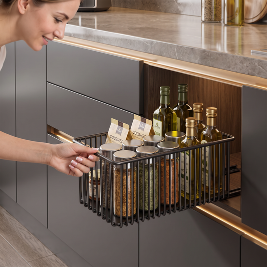 Platzsparender ausziehbarer Aufbewahrungskorb aus Kohlenstoffstahl & Schrank-Organizer