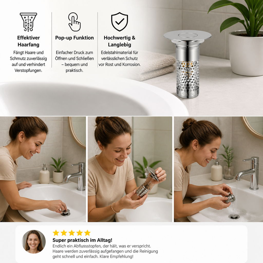 Universeller Pop-up-Abflussstopfen für Waschbecken mit Haarfänger & Edelstahl-Filterkorb