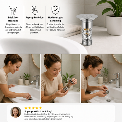 Universeller Pop-up-Abflussstopfen für Waschbecken mit Haarfänger & Edelstahl-Filterkorb