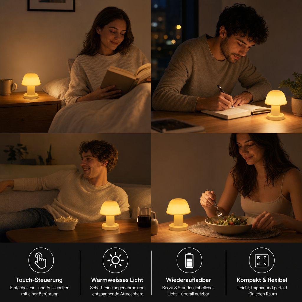 Mini wiederaufladbare LED-Pilz-Tischlampe mit Touch-Steuerung