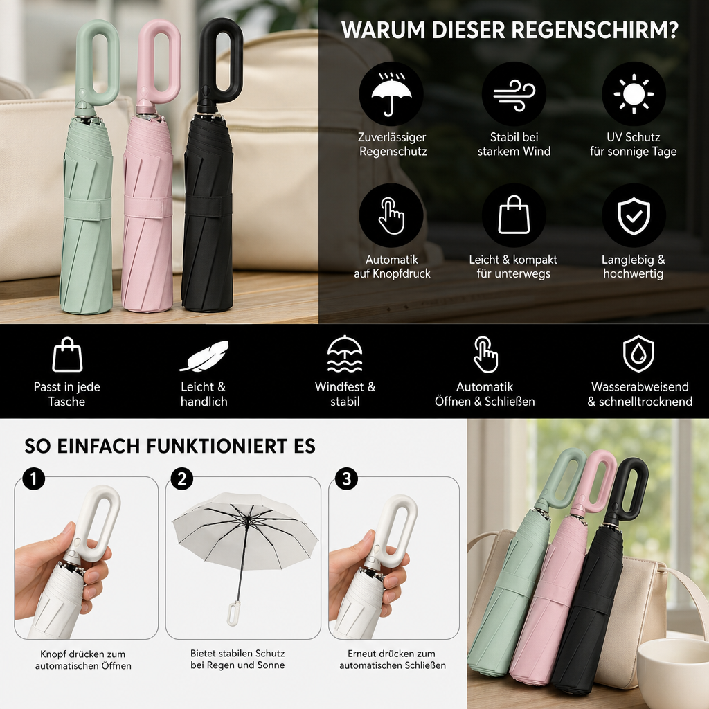 Premium-Automatik-Faltschirm für Sonne & Regen – Kompakt & windfest