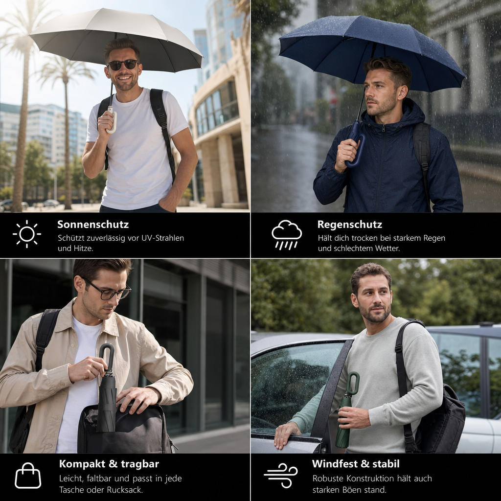 Premium-Automatik-Faltschirm für Sonne & Regen – Kompakt & windfest