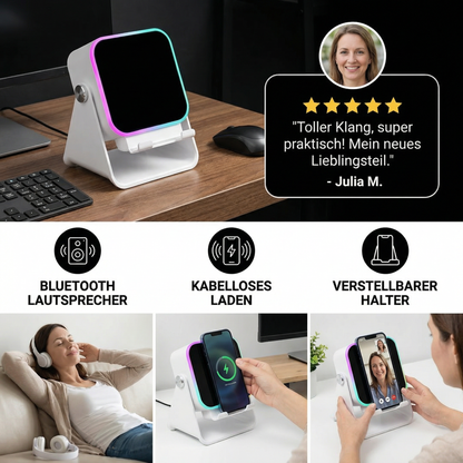 Multifunktionaler Bluetooth-Lautsprecher mit Licht, kabelloser Ladefunktion und verstellbarem Handyhalter