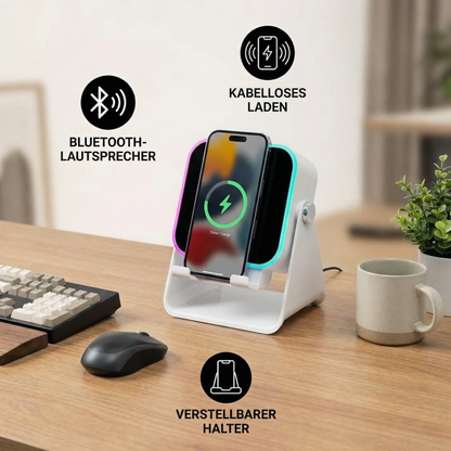Multifunktionaler Bluetooth-Lautsprecher mit Licht, kabelloser Ladefunktion und verstellbarem Handyhalter