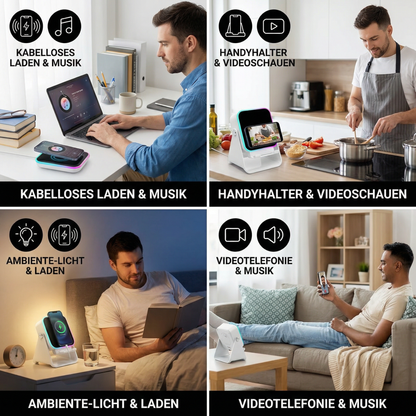 Multifunktionaler Bluetooth-Lautsprecher mit Licht, kabelloser Ladefunktion und verstellbarem Handyhalter
