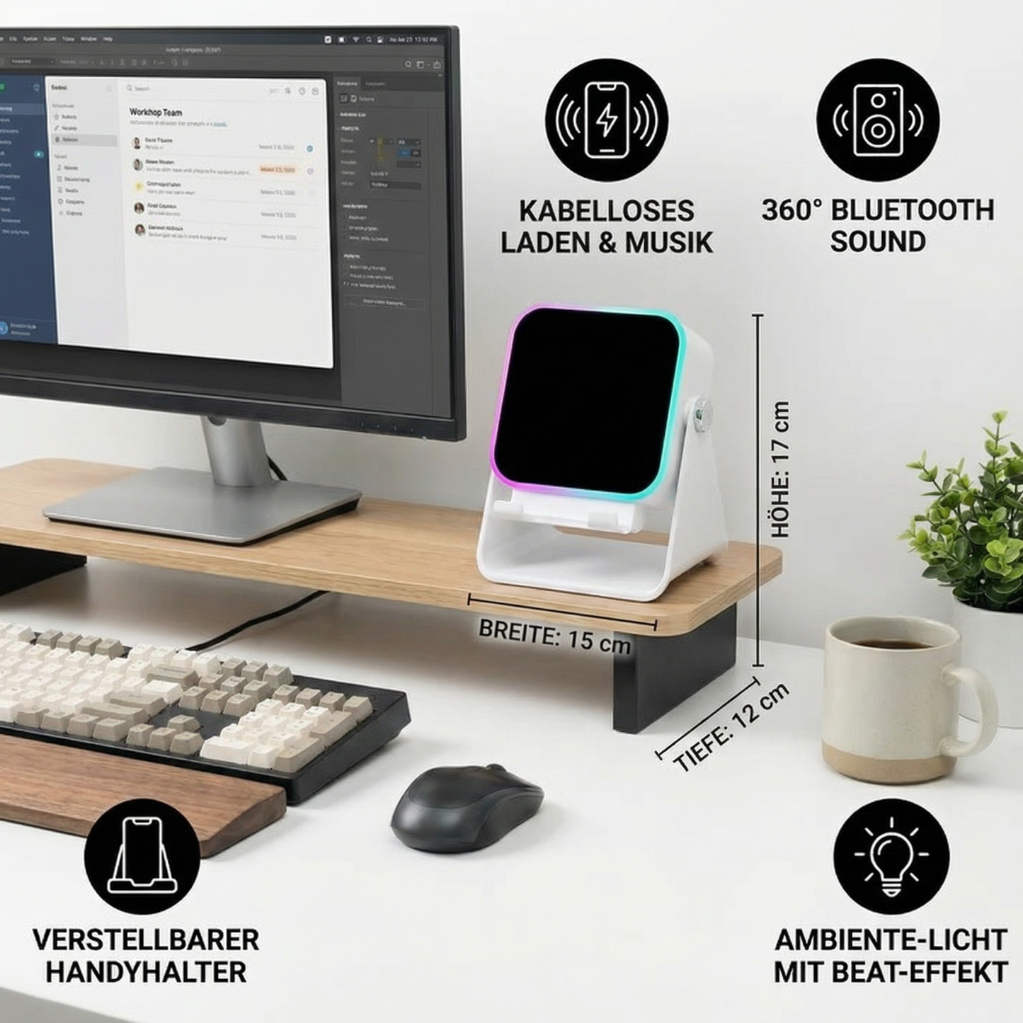 Multifunktionaler Bluetooth-Lautsprecher mit Licht, kabelloser Ladefunktion und verstellbarem Handyhalter