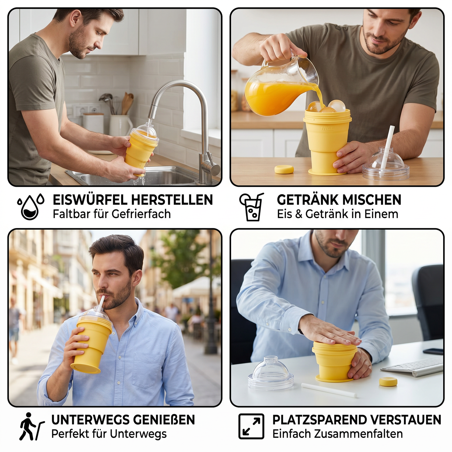 2-in-1 Eiswürfel-Becher – Faltbar, mit Strohhalm & Silikonform für unterwegs