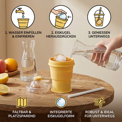 2-in-1 Eiswürfel-Becher – Faltbar, mit Strohhalm & Silikonform für unterwegs