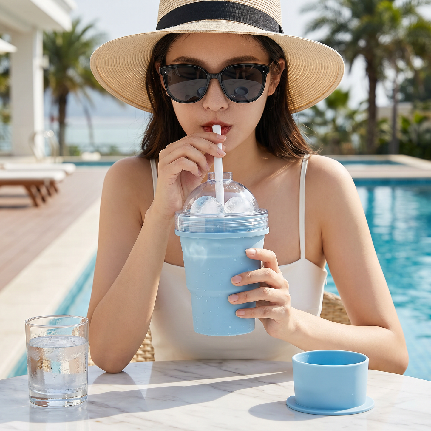 2-in-1 Eiswürfel-Becher – Faltbar, mit Strohhalm & Silikonform für unterwegs