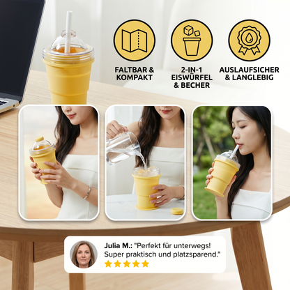 2-in-1 Eiswürfel-Becher – Faltbar, mit Strohhalm & Silikonform für unterwegs