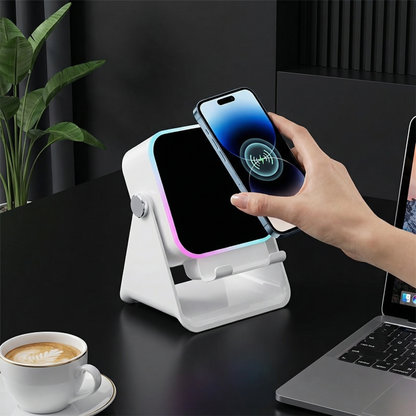Multifunktionaler Bluetooth-Lautsprecher mit Licht, kabelloser Ladefunktion und verstellbarem Handyhalter