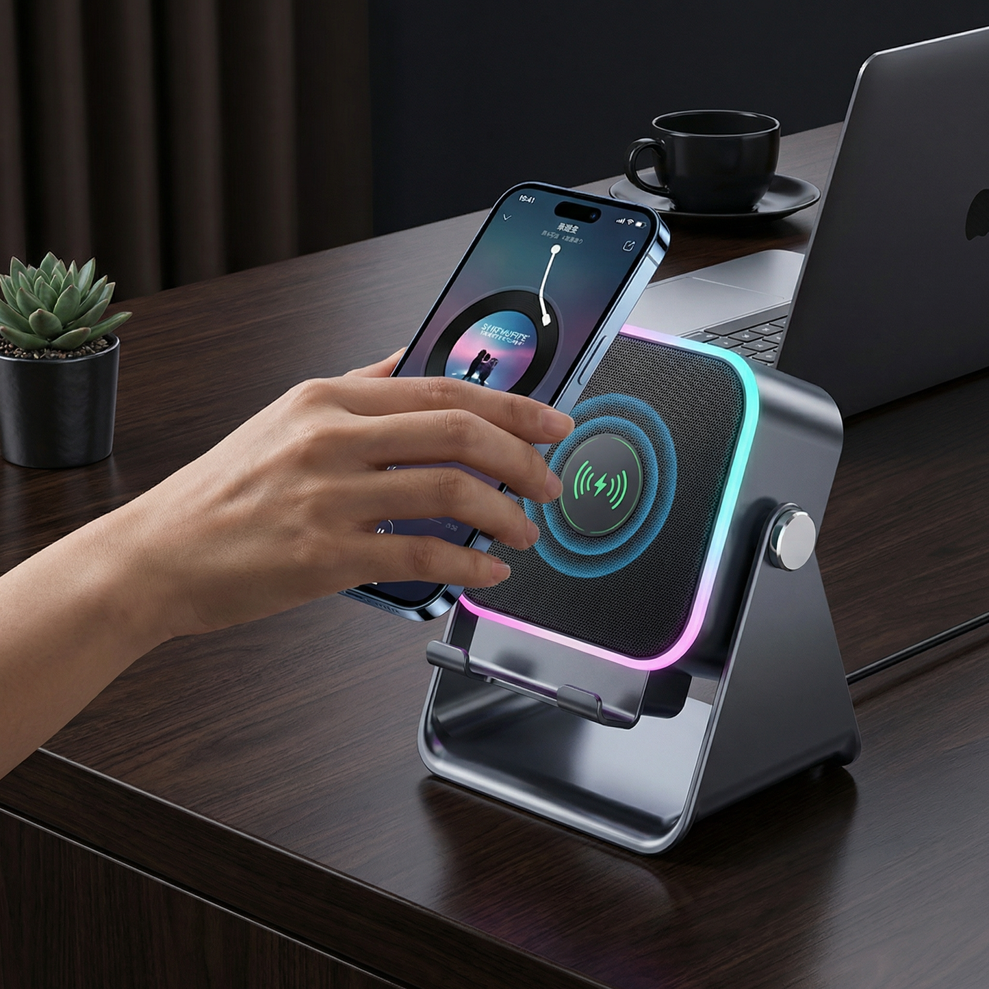 Multifunktionaler Bluetooth-Lautsprecher mit Licht, kabelloser Ladefunktion und verstellbarem Handyhalter