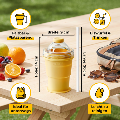 2-in-1 Eiswürfel-Becher – Faltbar, mit Strohhalm & Silikonform für unterwegs